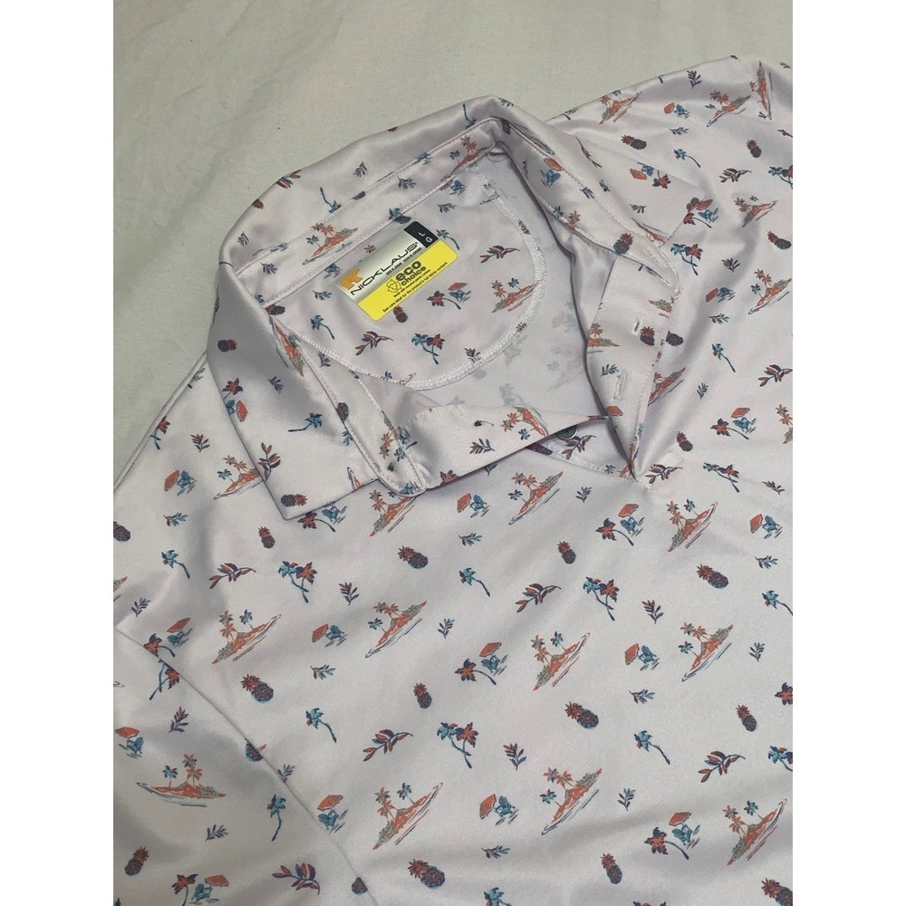 Nicklaus Eco Choice Mens Golf Polo Shirt Large Tropical Island‎ Palm Tree Print